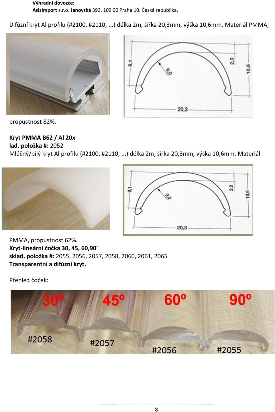 položka #: 2052 Mléčný/bílý kryt Al profilu (#2100, #2110,...) délka 2m, šířka 20,3mm, výška 10,6mm.