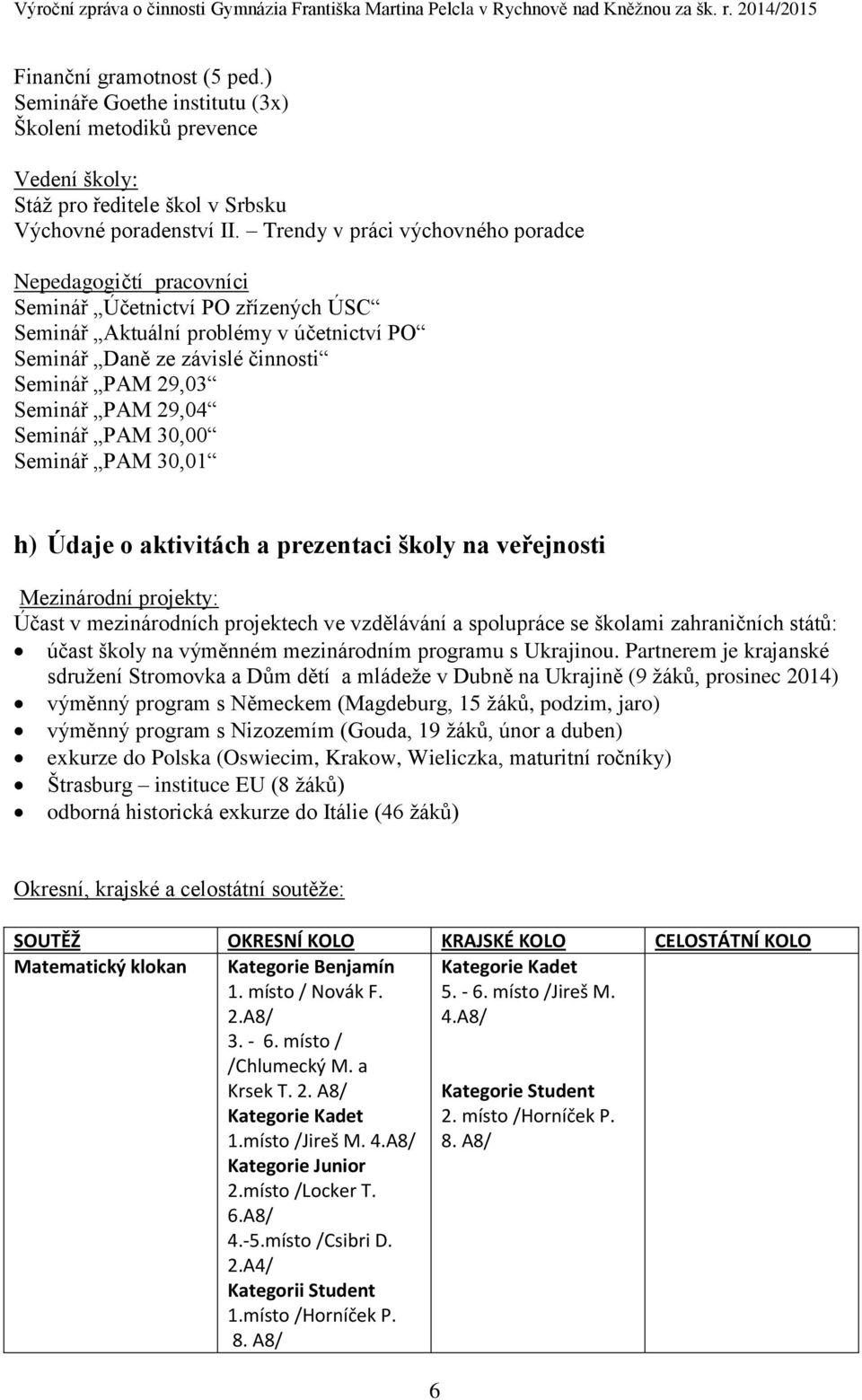 29,04 Seminář PAM 30,00 Seminář PAM 30,01 h) Údaje o aktivitách a prezentaci školy na veřejnosti Mezinárodní projekty: Účast v mezinárodních projektech ve vzdělávání a spolupráce se školami