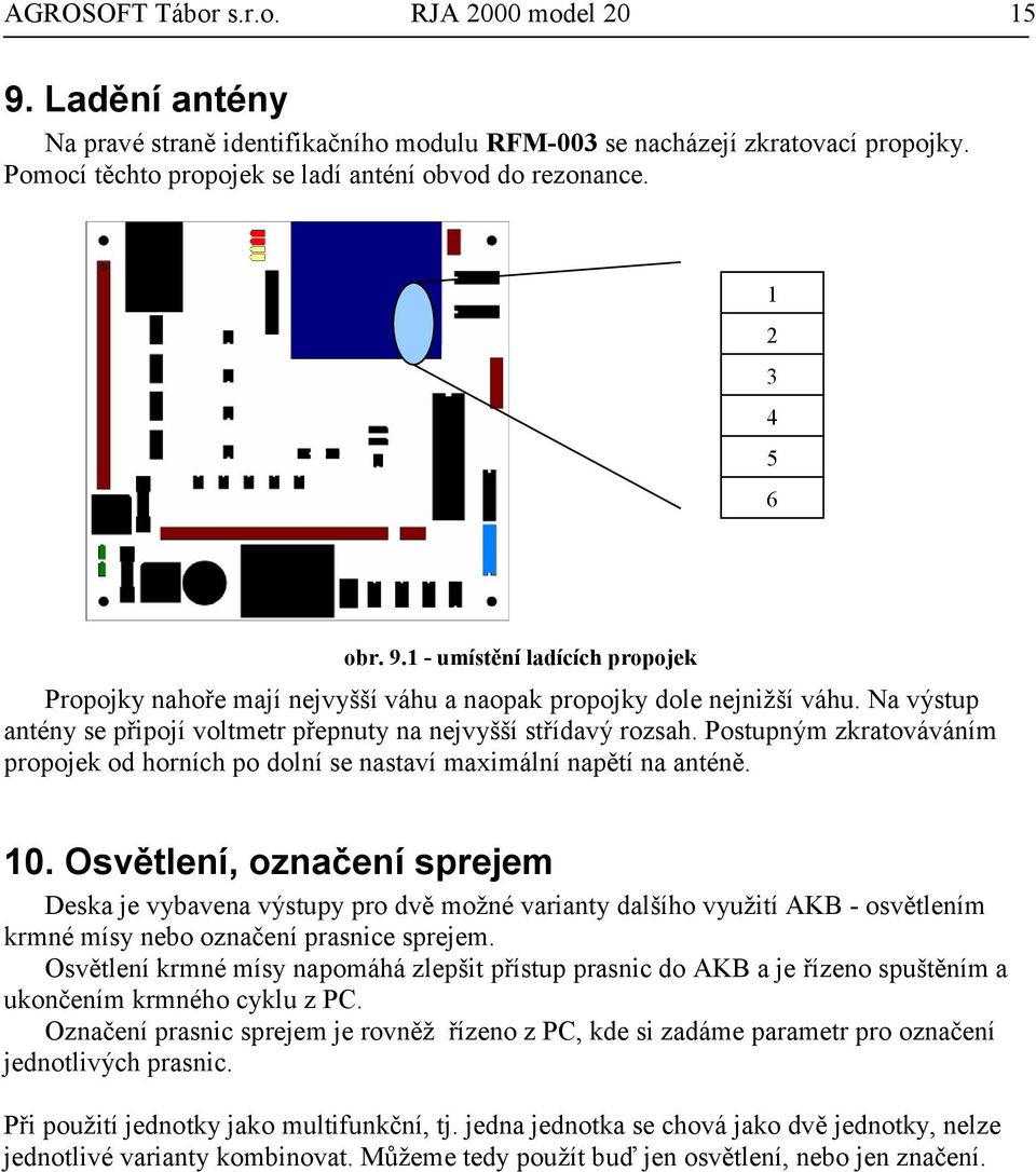 Postupným zkratováváním propojek od horních po dolní se nastaví maximální napětí na anténě. 10.