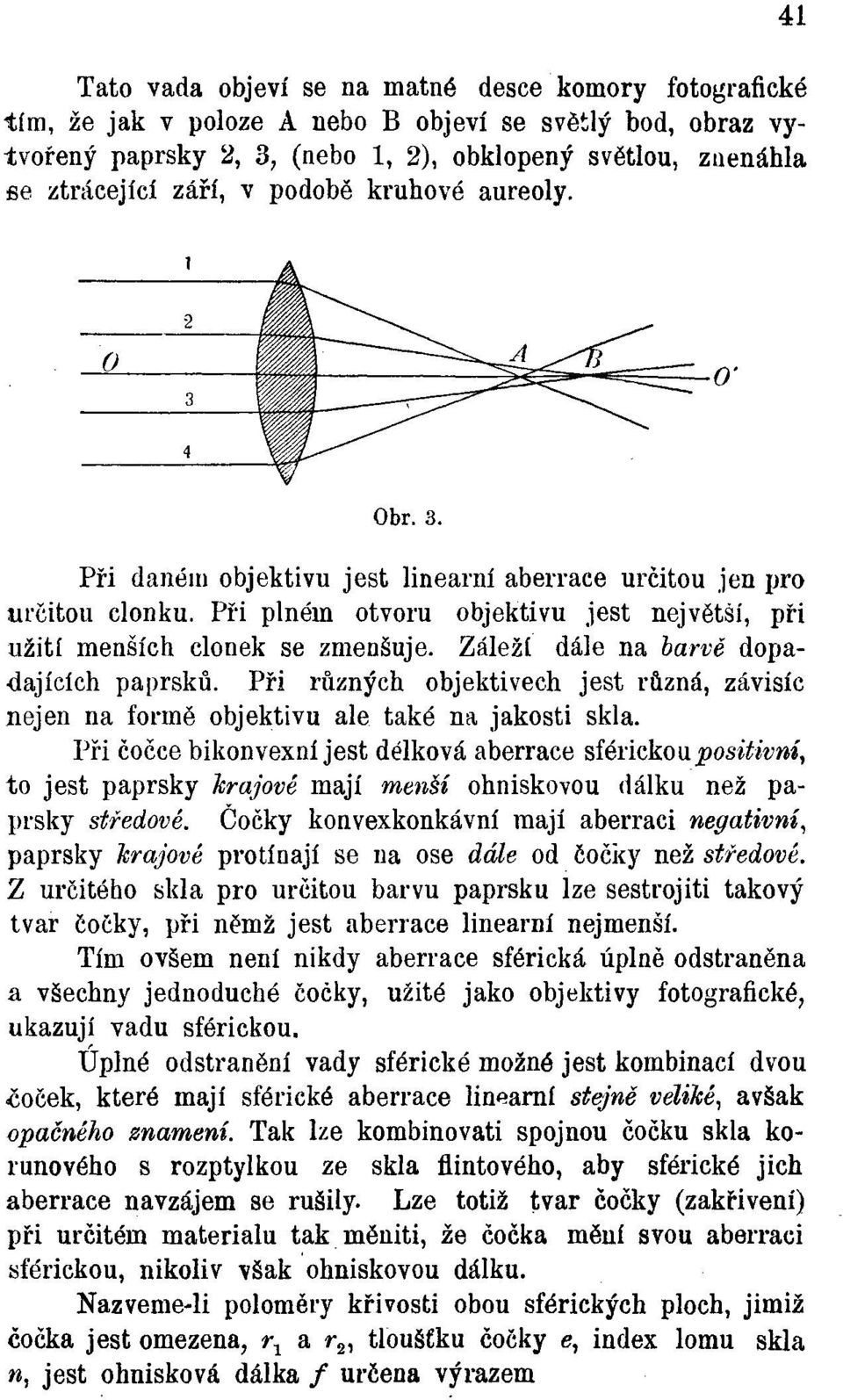 Záleží dále na barvě dopadajících paprsků. Při různých objektivech jest různá, závisíc nejen na formě objektivu ale také na jakosti skla.