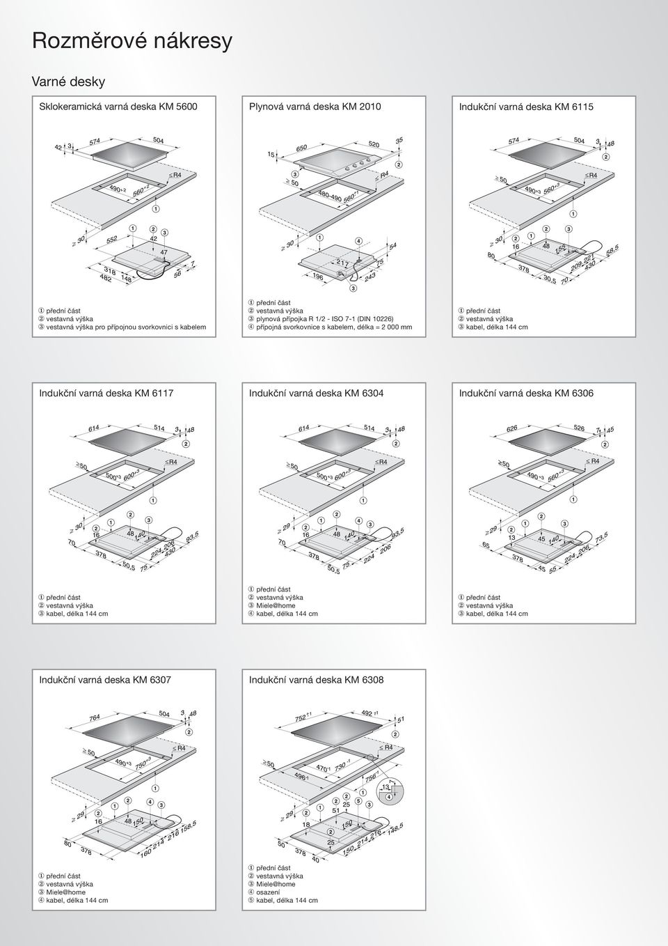 deska KM 6117 Indukční varná deska KM 6304 Indukční varná deska KM 6306 přední část vestavná výška Æ kabel, délka 144 cm přední část vestavná výška Æ Miele@home ➃ kabel, délka 144 cm přední část