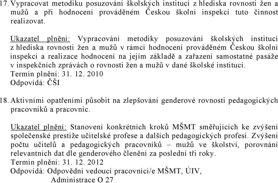 zařazení samostatné pasáže v inspekčních zprávách o rovnosti žen a mužů v dané školské instituci. Odpovídá: ČŠI 18.