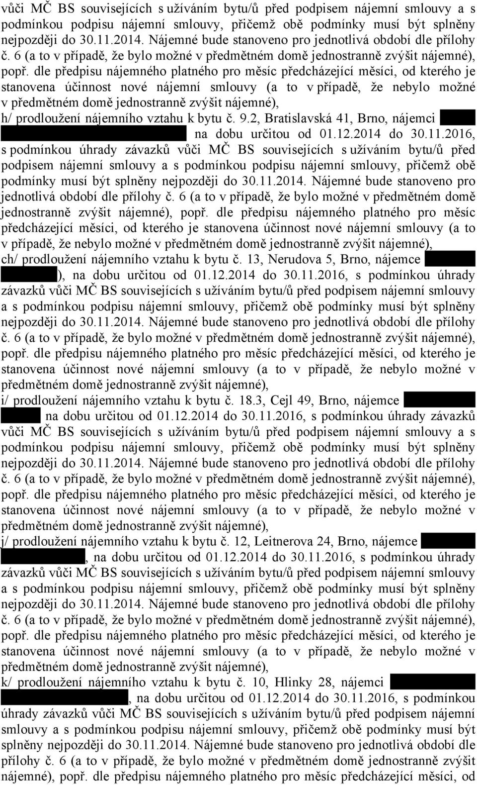 nájemné), h/ prodloužení nájemního vztahu k bytu č. 9.2, Bratislavská 41, Brno, nájemci na dobu určitou od 01.12.2014 do 30.11.