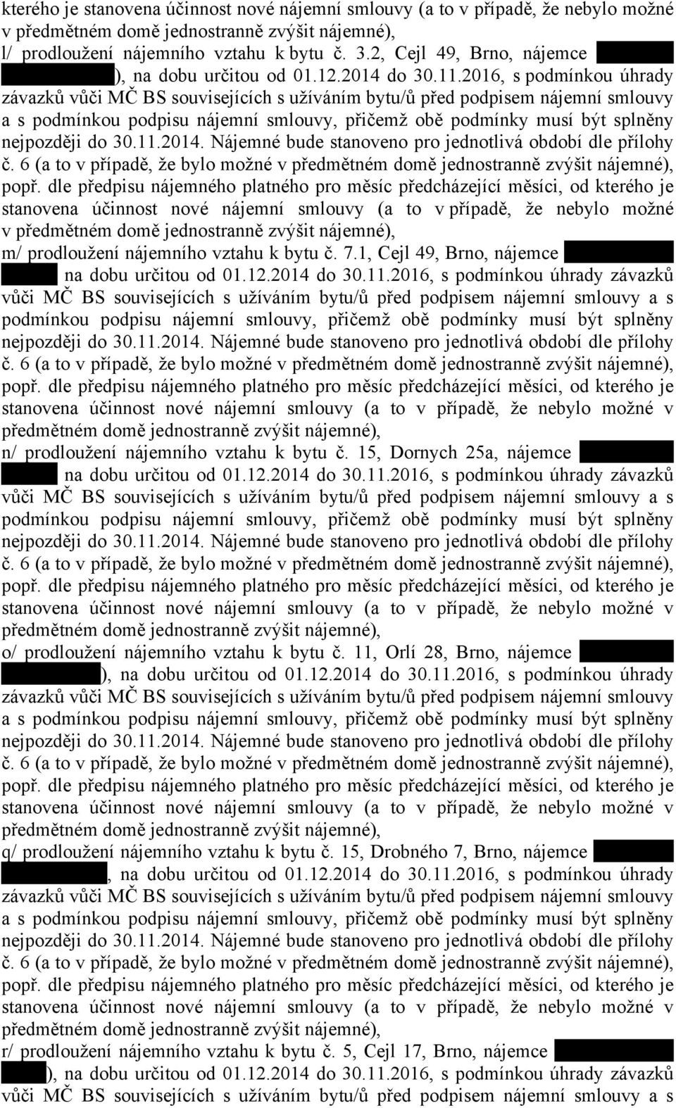 2016, s podmínkou úhrady závazků vůči MČ BS souvisejících s užíváním bytu/ů před podpisem nájemní smlouvy a s podmínkou podpisu nájemní smlouvy, přičemž obě podmínky musí být splněny č.