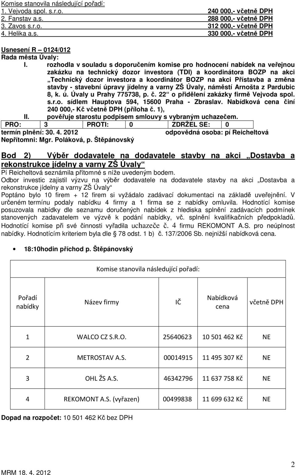 Přístavba a změna stavby - stavební úpravy jídelny a varny ZŠ Úvaly, náměstí Arnošta z Pardubic 8, k. ú. Úvaly u Prahy 775738, p. č. 22 o přidělení zakázky firmě Vejvoda spol. s.r.o. sídlem Hauptova 594, 15600 Praha - Zbraslav.