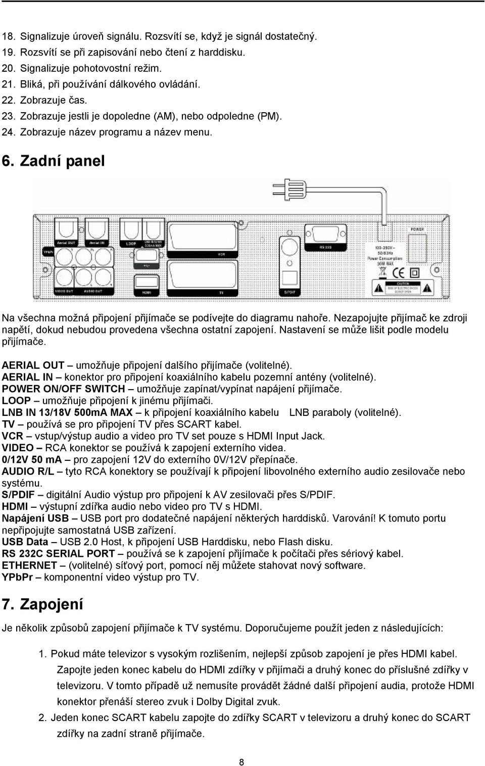 Zadní panel Na všechna možná připojení přijímače se podívejte do diagramu nahoře. Nezapojujte přijímač ke zdroji napětí, dokud nebudou provedena všechna ostatní zapojení.