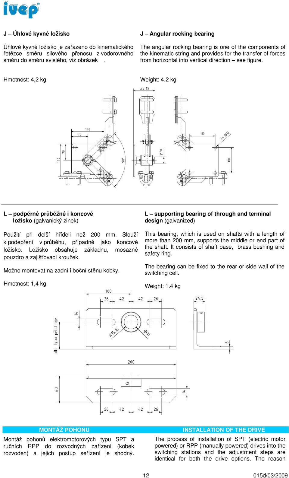 Hmotnost: 4,2 kg Weight: 4.2 kg L podpěrné průběžné i koncové ložisko (galvanický zinek) L supporting bearing of through and terminal design (galvanized) Použití při delší hřídeli než 200 mm.