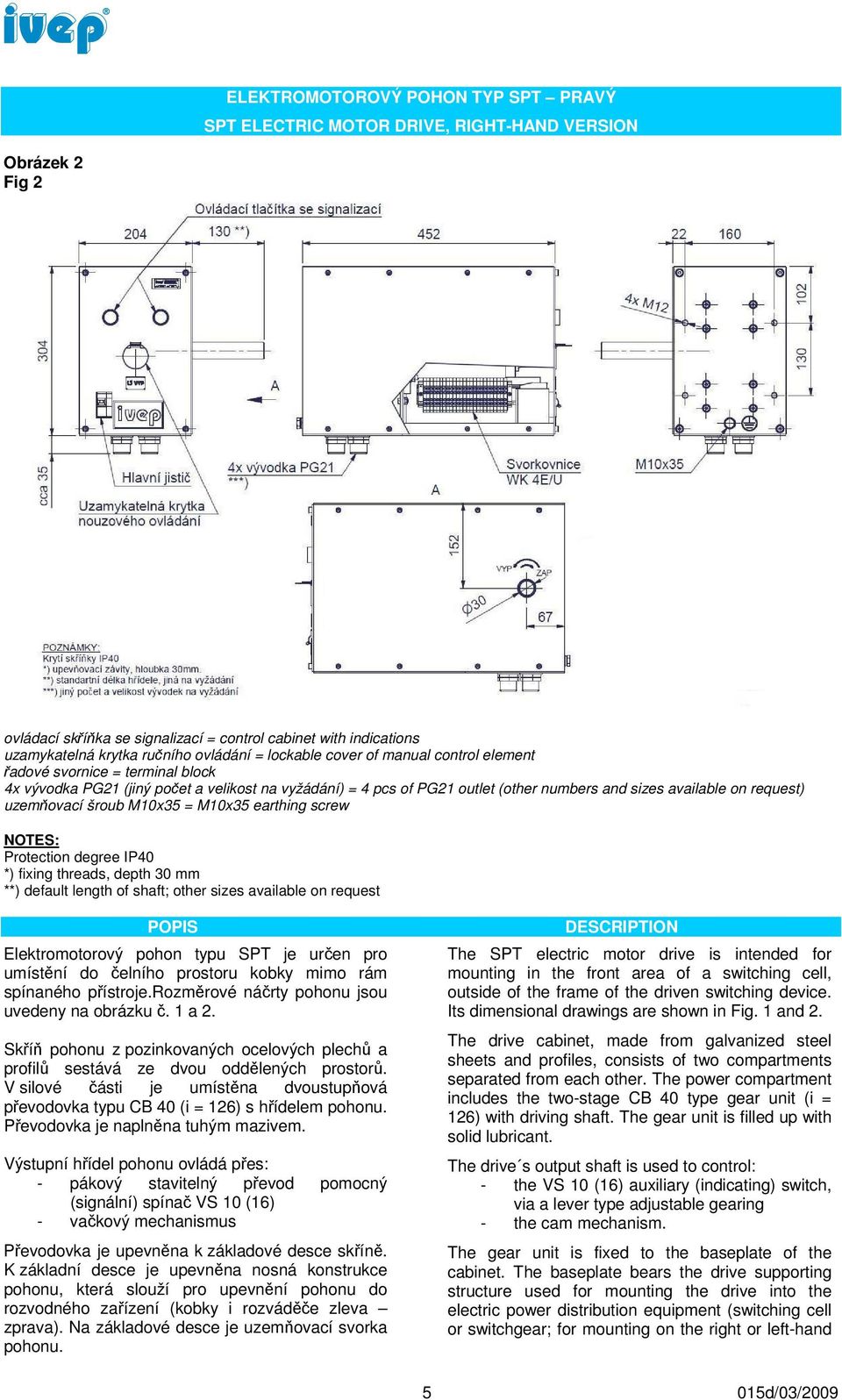 request) uzemňovací šroub M10x35 = M10x35 earthing screw NOTES: Protection degree IP40 *) fixing threads, depth 30 mm **) default length of shaft; other sizes available on request POPIS