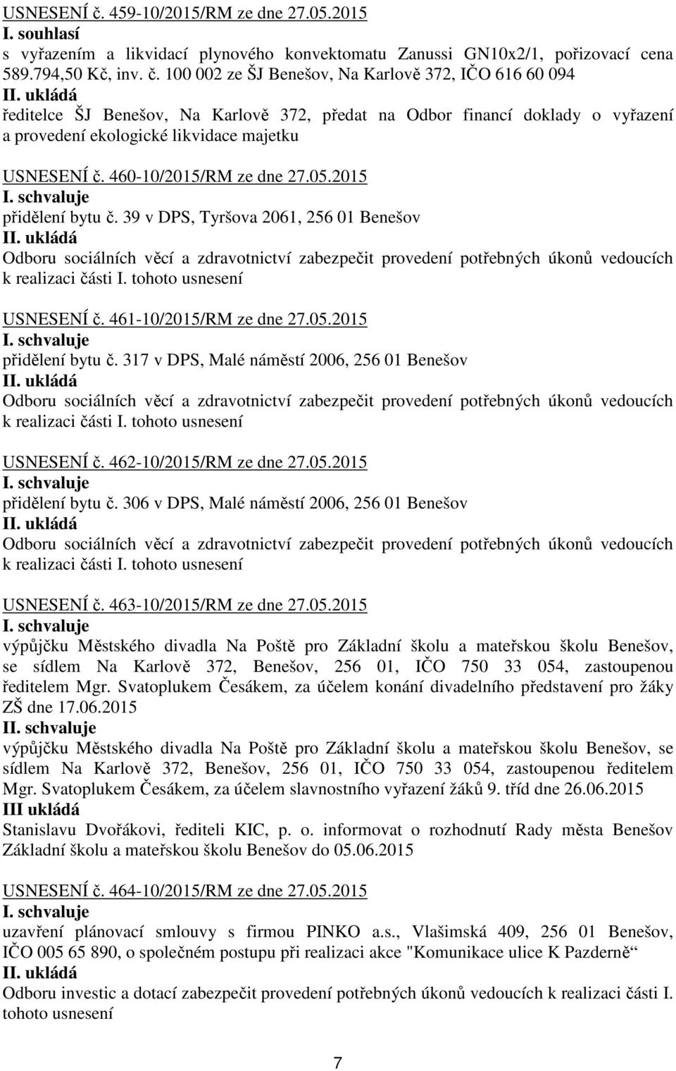 USNESENÍ č. 461-10/2015/RM ze dne 27.05.2015 přidělení bytu č.