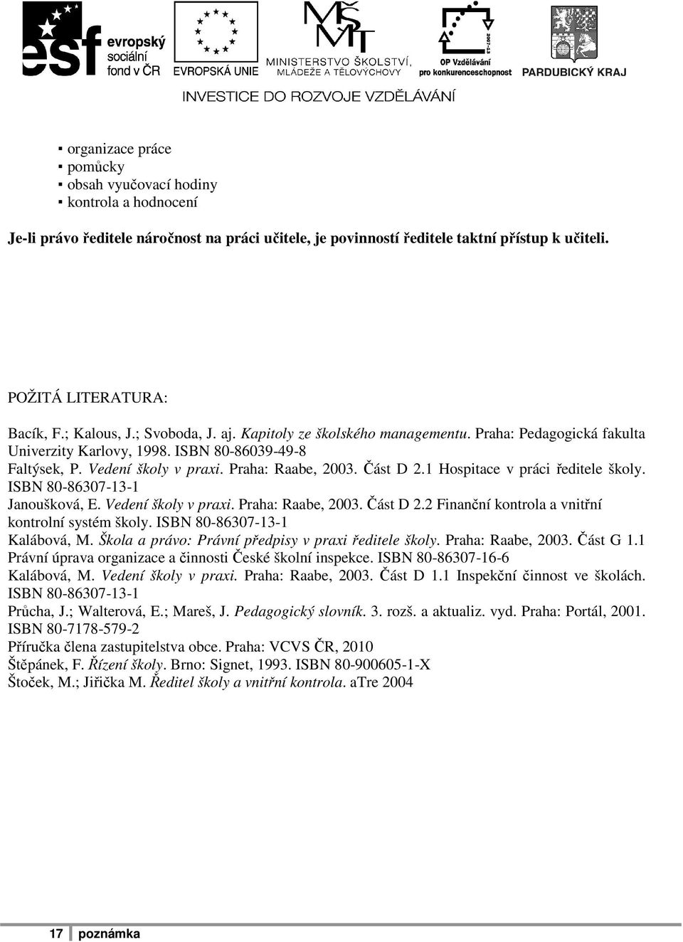 Část D 2.1 Hospitace v práci ředitele školy. ISBN 80-86307-13-1 Janoušková, E. Vedení školy v praxi. Praha: Raabe, 2003. Část D 2.2 Finanční kontrola a vnitřní kontrolní systém školy.