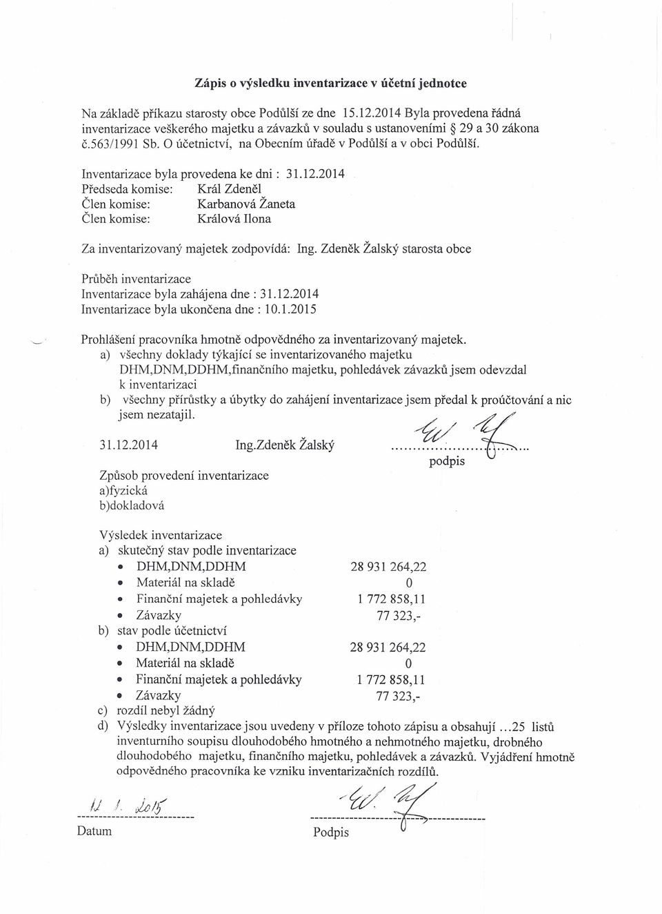 Inventarizace byla provedena ke dni: 31.12.2014 Předseda komise: Král Zdeněl Člen komise: Karbanová Žaneta Člen komise: Králová Ilona Za inventarizovaný majetek zodpovídá: Ing.