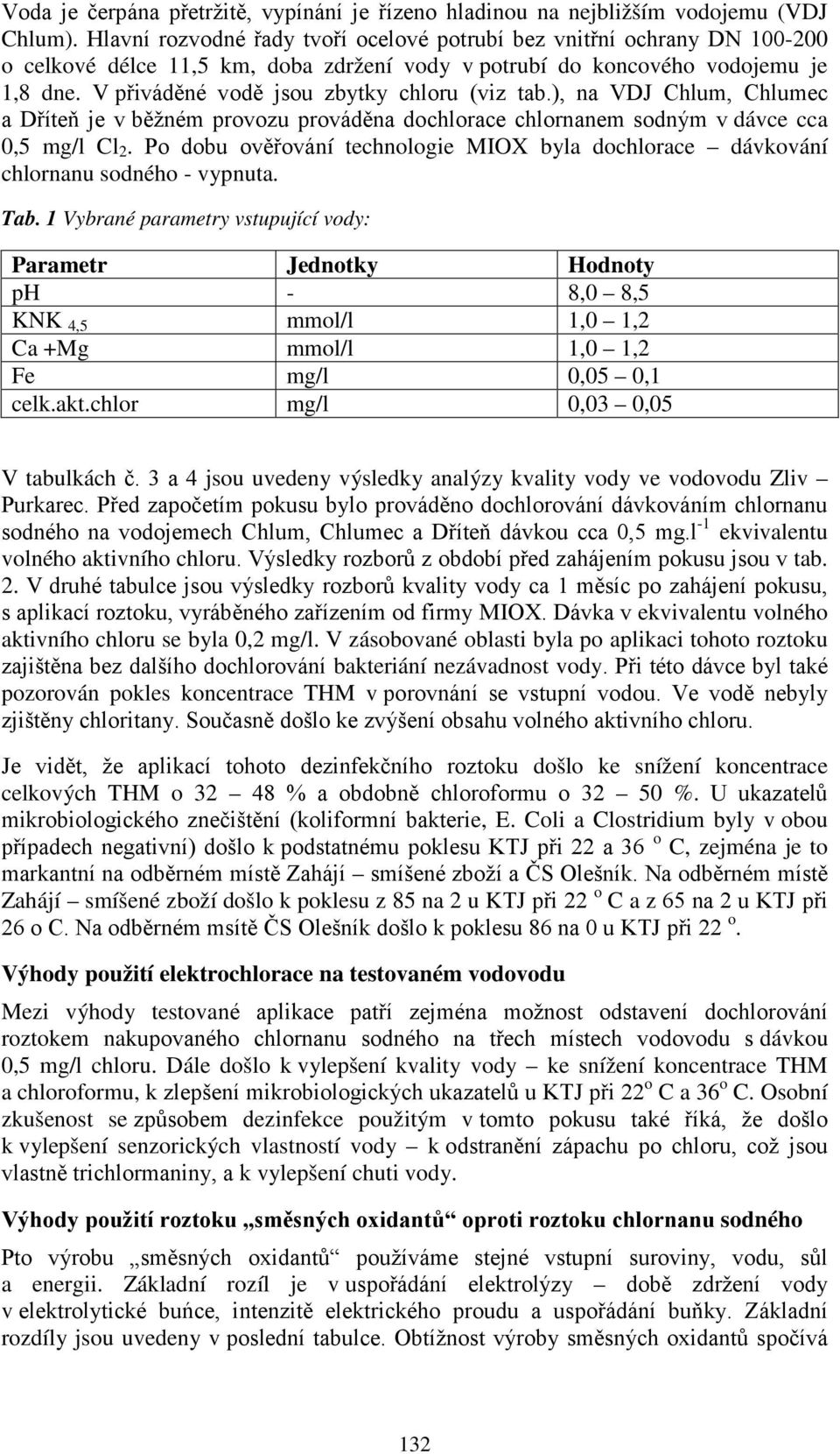 V přiváděné vodě jsou zbytky chloru (viz tab.), na VDJ Chlum, Chlumec a Dříteň je v běžném provozu prováděna dochlorace chlornanem sodným v dávce cca 0,5 mg/l Cl 2.