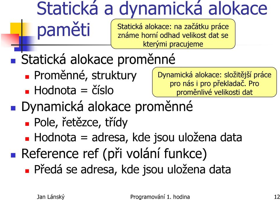 Dynamická alokace: složitější práce pro nás i pro překladač.