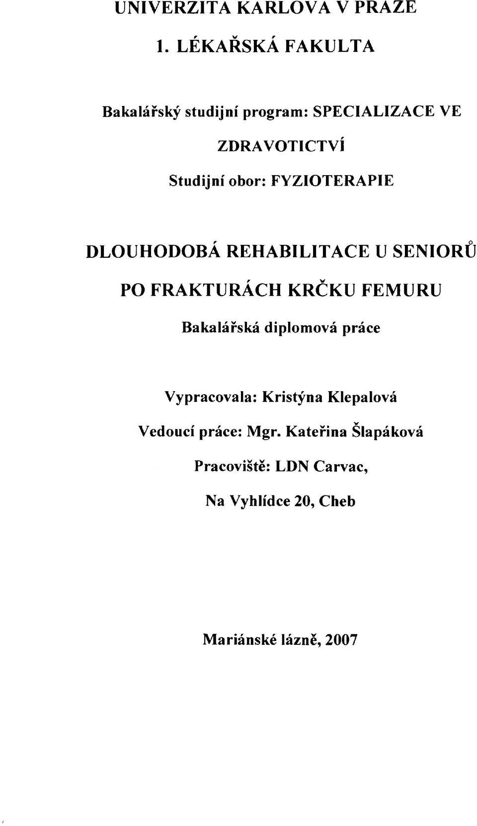 FYZIOTERAPIE DLOUHODOBÁ REHABILITACE U SENIORŮ PO FRAKTURÁCH KRČKU FEMURU Bakalářská