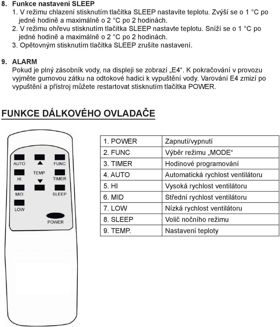 K pokračování v provozu vyjměte gumovou zátku na odtokové hadici k vypuštění vody. Varování E4 zmizí po vypuštění a přístroj můžete restartovat stisknutím tlačítka POWER. FUNKCE DÁLKOVÉHO OVLADAČE 1.