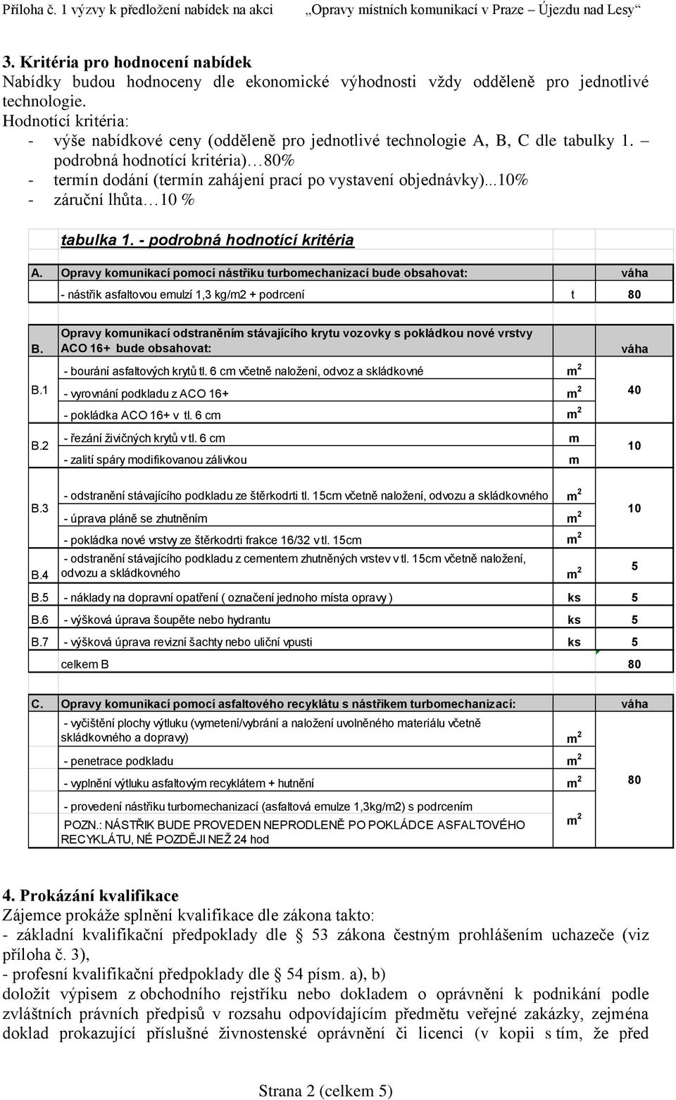 ..10% - záruční lhůta 10 % tabulka 1. - podrobná hodnotící kritéria A. Opravy komunikací pomocí nástřiku turbomechanizací bude obsahovat: váha - nástřik asfaltovou emulzí 1,3 kg/m2 + podrcení t 80 B.