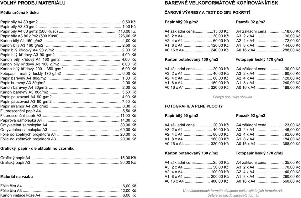 .. 4,00 Kč Karton bílý křídový A3 160 g/m2... 8,00 Kč Karton bílý křídový 200-350 g/m2... 6,00 Kč Fotopapír matný, lesklý 170 g/m2... 6,00 Kč Papír barevný A4 80g/m2... 1,00 Kč Papír barevný A3 80g/m2.
