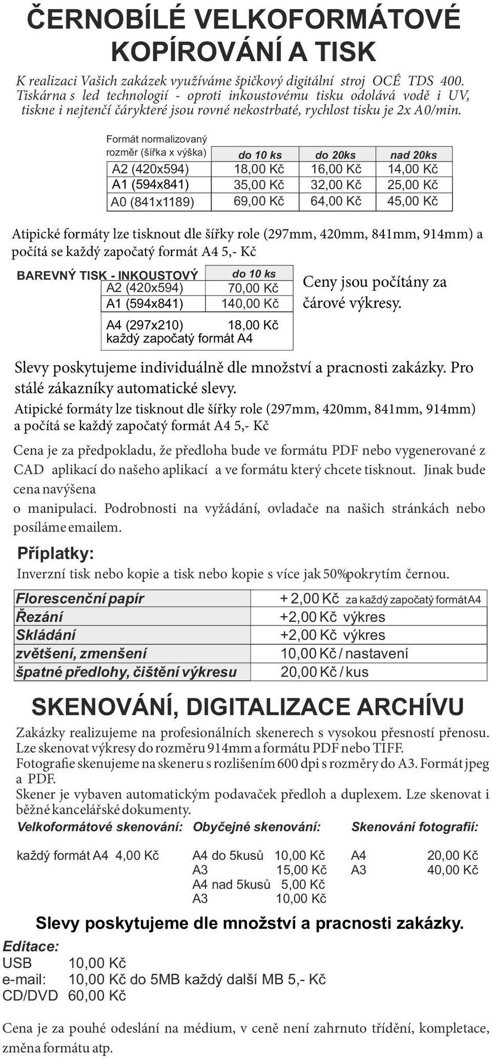 Formát normalizovaný rozměr (šířka x výška) A2 (420x594) A1 (594x841) A0 (841x1189) do 10 ks 18,00 Kč 35,00 Kč 69,00 Kč do 20ks 16,00 Kč 32,00 Kč 64,00 Kč nad 20ks 14,00 Kč 25,00 Kč 45,00 Kč Atipické