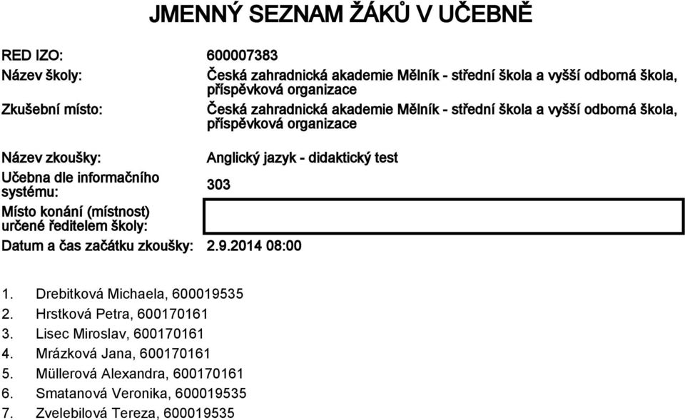 začátku zkoušky: 2.9.2014 08:00 1. Drebitková Michaela, 600019535 2. Hrstková Petra, 600170161 3.