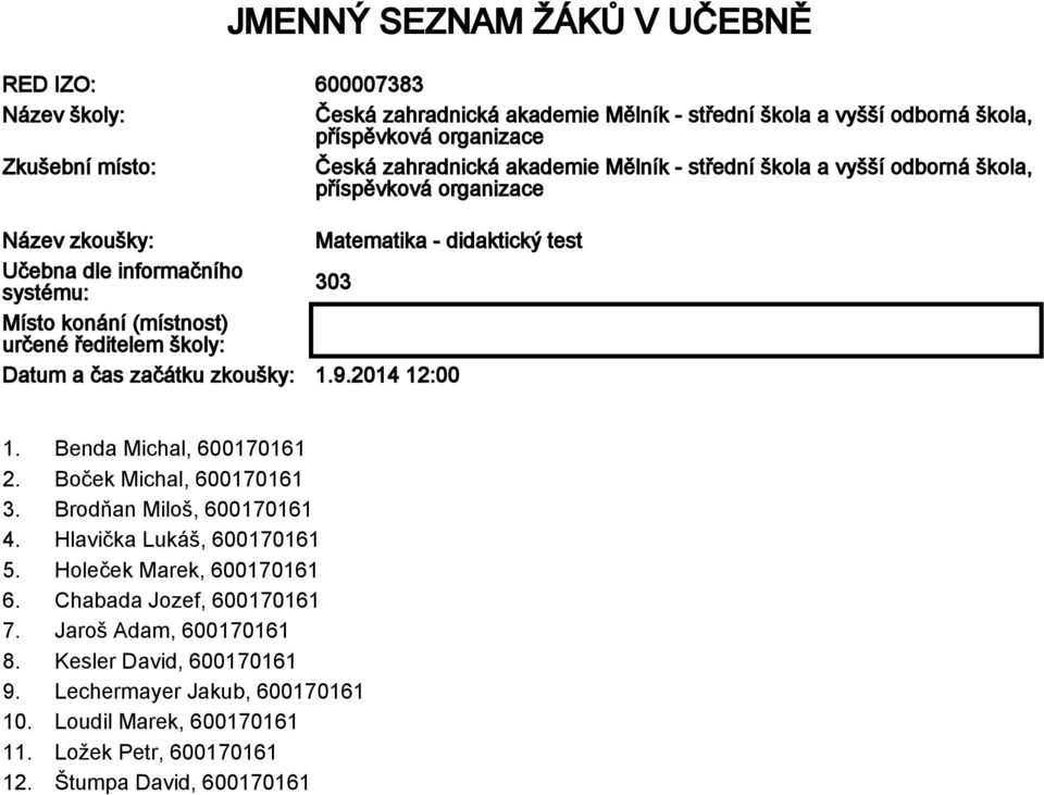Boček Michal, 600170161 3. Brodňan Miloš, 600170161 4. Hlavička Lukáš, 600170161 5. Holeček Marek, 600170161 6. Chabada Jozef, 600170161 7.