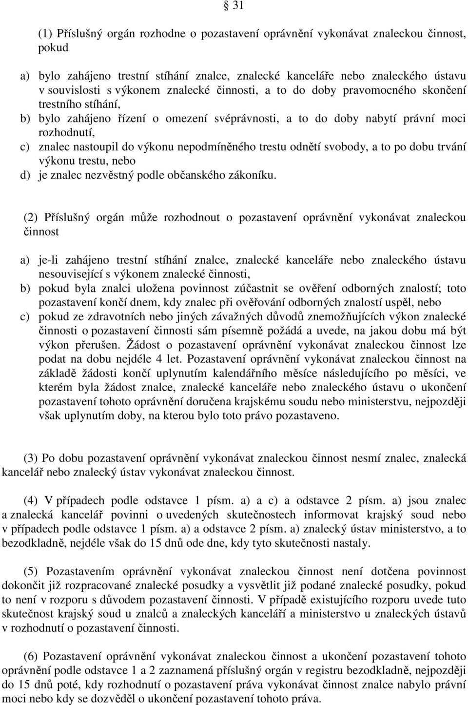 nepodmíněného trestu odnětí svobody, a to po dobu trvání výkonu trestu, nebo d) je znalec nezvěstný podle občanského zákoníku.