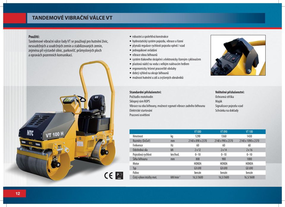 robustní a spolehlivá konstrukce hydrostatický systém pojezdu, vibrace a řízení plynulá regulace rychlosti pojezdu vpřed / vzad jednopákové ovládání vibrace obou běhounů systém tlakového skrápění s