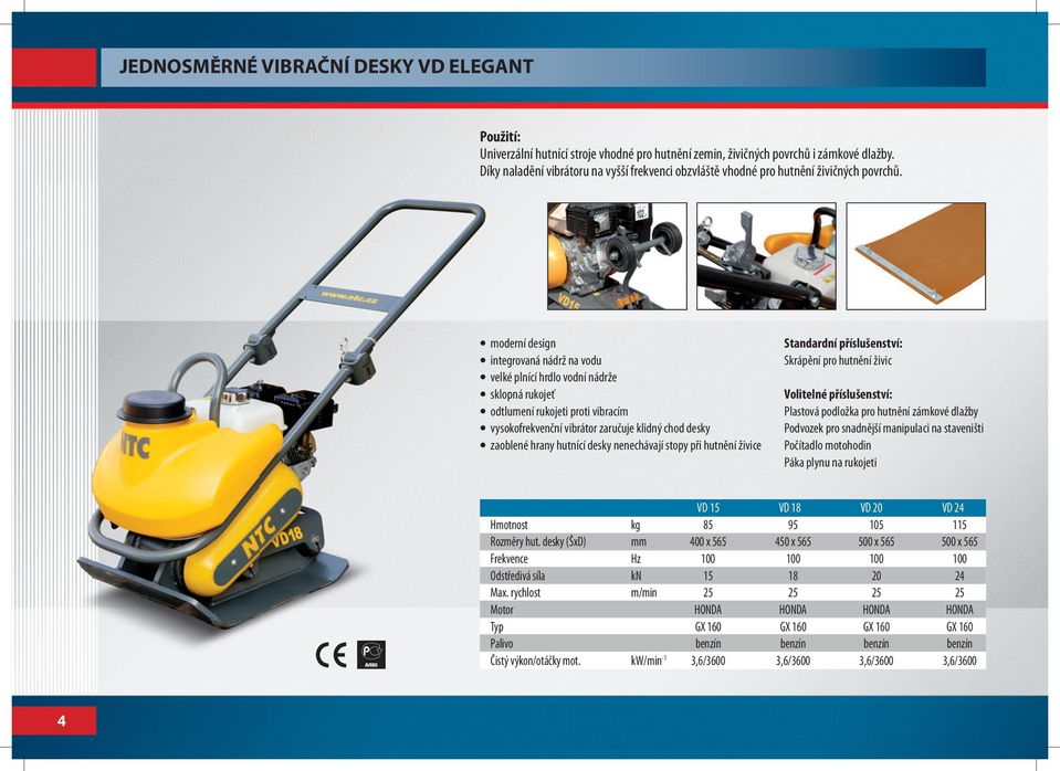 moderní design integrovaná nádrž na vodu velké plnící hrdlo vodní nádrže sklopná rukojeť odtlumení rukojeti proti vibracím vysokofrekvenční vibrátor zaručuje klidný chod desky zaoblené hrany hutnící