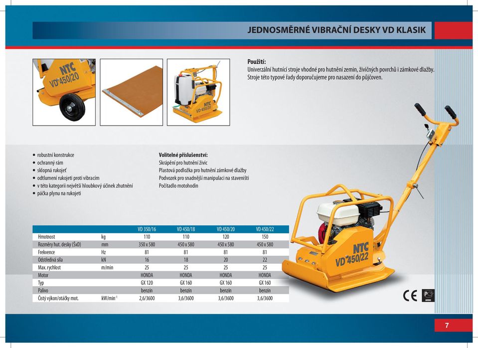hutnění živic Plastová podložka pro hutnění zámkové dlažby Podvozek pro snadnější manipulaci na staveništi Počítadlo motohodin VD 350/16 VD 450/18 VD 450/20 VD 450/22 Hmotnost kg 110 110 120 150