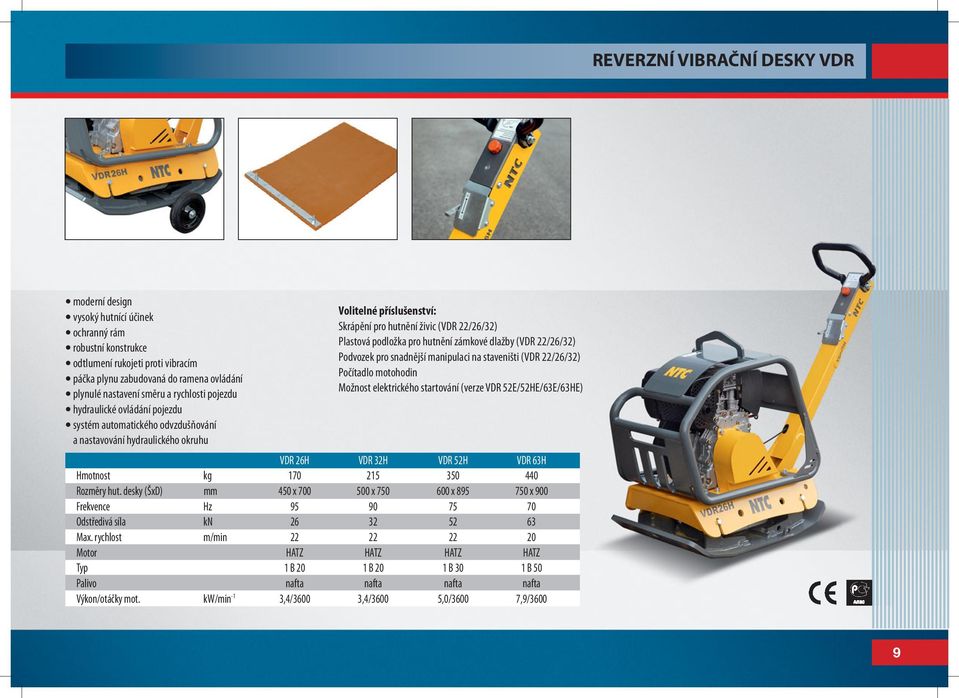 podložka pro hutnění zámkové dlažby (VDR 22/26/32) Podvozek pro snadnější manipulaci na staveništi (VDR 22/26/32) Počítadlo motohodin Možnost elektrického startování (verze VDR 52E/52HE/63E/63HE) VDR
