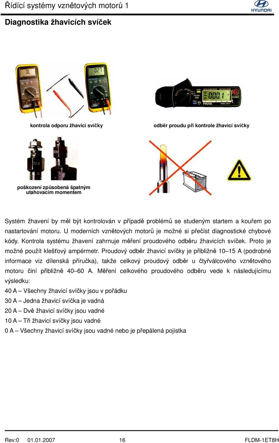 Kontrola systému žhavení zahrnuje měření proudového odběru žhavicích svíček. Proto je možné použít klešťový ampérmetr.