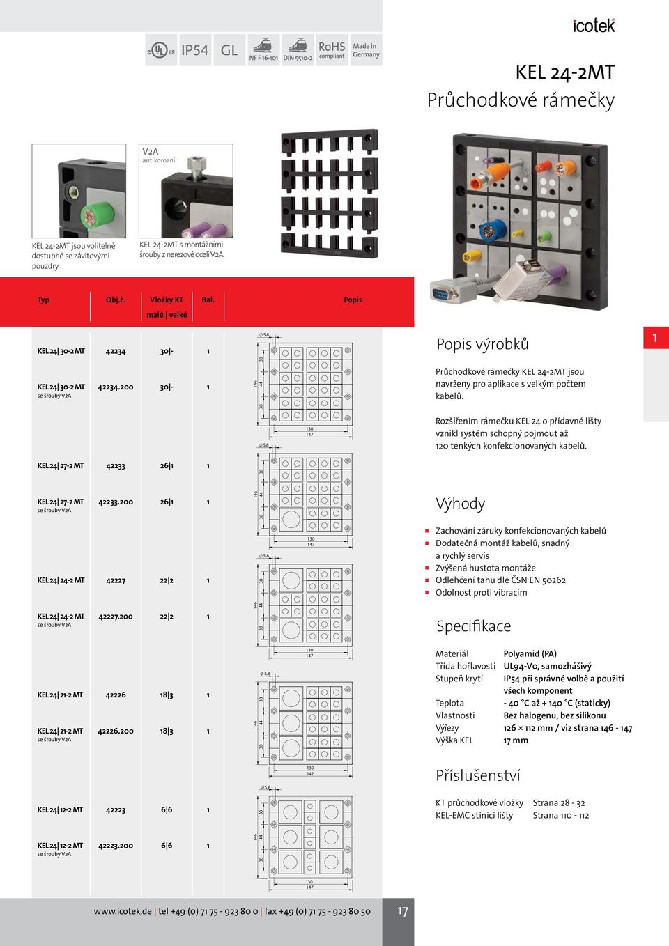 5,8 130 147 Rozšířením rámečku KEL 24 o přídavné lišty vznikl systém schopný pojmout až 120 tenkých konfekcionovaných kabelů. KEL 24 27-2 MT 42233 26 1 1 KEL 24 27-2 MT se šrouby V2A 42233.