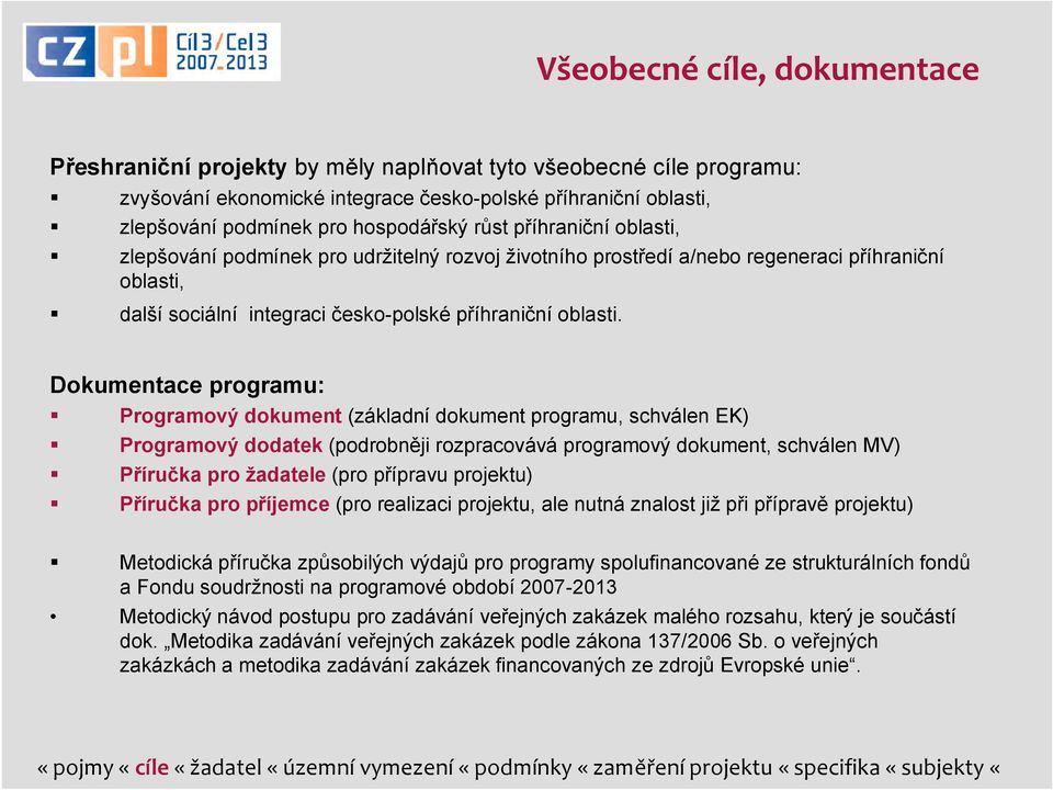 Dokumentace programu: Programový dokument (základní dokument programu, schválen EK) Programový dodatek (podrobněji rozpracovává programový dokument, schválen MV) Příručka pro žadatele (pro přípravu