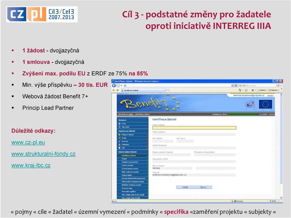 EUR Webová žádost Benefit 7+ Princip Lead Partner Důležité odkazy: www.cz-pl.eu www.