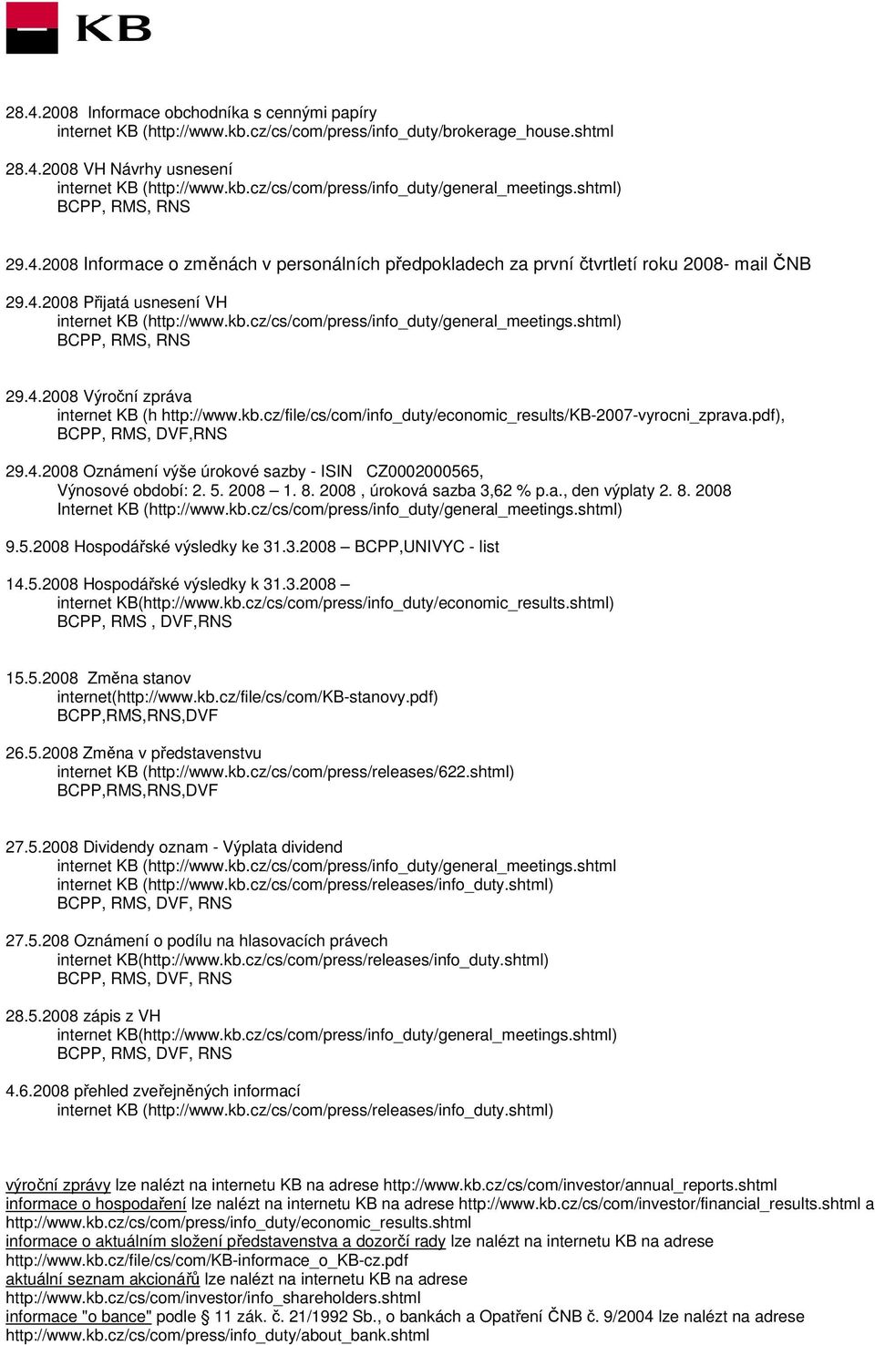 cz/cs/com/press/info_duty/general_meetings.shtml) 29.4.2008 Výroční zpráva internet KB (h http://www.kb.cz/file/cs/com/info_duty/economic_results/kb-2007-vyrocni_zprava.pdf),, DVF,RNS 29.4.2008 Oznámení výše úrokové sazby - ISIN CZ0002000565, Výnosové období: 2.