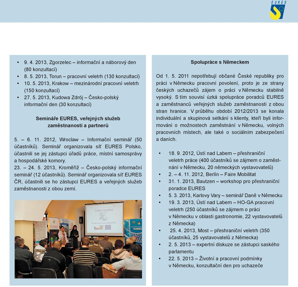 2013, Kroměříž Česko-polský informační seminář (12 účastníků). Seminář organizovala síť EURES ČR, účastnili se ho zástupci EURES a veřejných služeb zaměstnanosti z obou zemí.