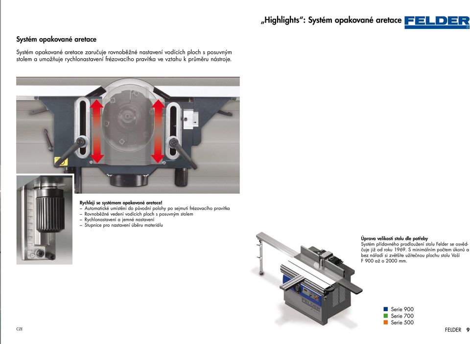 Automatické umístění do původní polohy po sejmutí frézovacího pravítka Rovnoběžné vedení vodících ploch s posuvným stolem Rychlonastavení a jemné nastavení Stupnice pro