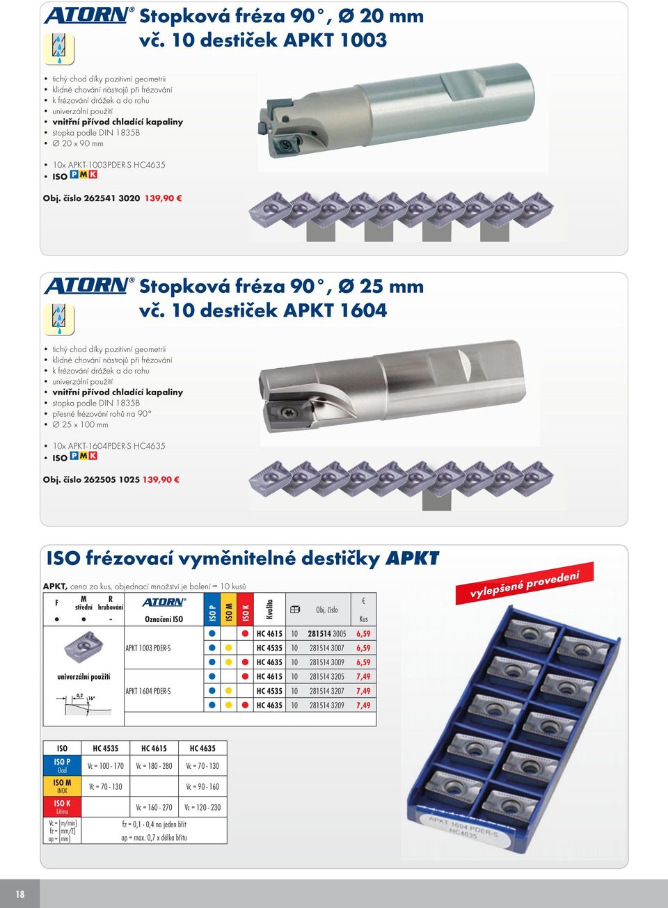 Ø 20 x 90 10x APKT-1003PER-S HC4635 ISO Obj. číslo 262541 3020 139,90 Stopková fréza 90, Ø 25 vč.