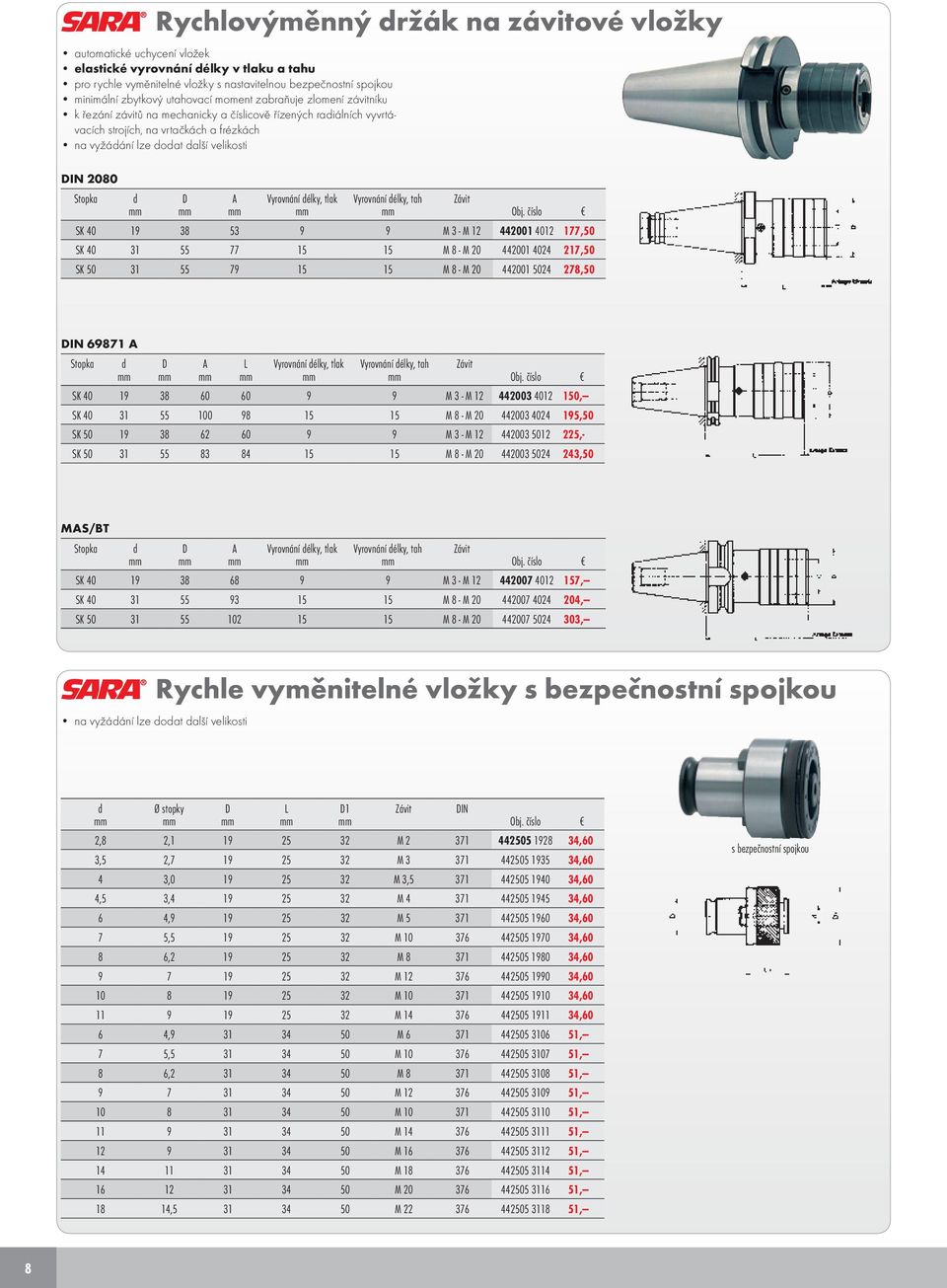 Stopka d A Vyrovnání délky, tlak Vyrovnání délky, tah Závit SK 40 19 38 53 9 9 M 3 - M 12 442001 4012 177,50 SK 40 31 55 77 15 15 M 8 - M 20 442001 4024 217,50 SK 50 31 55 79 15 15 M 8 - M 20 442001