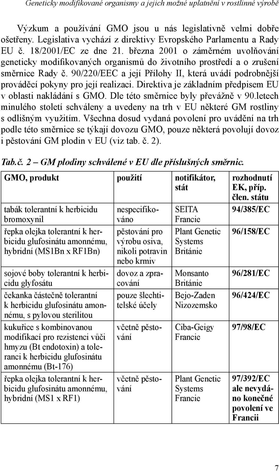 března 2001 o záměrném uvolňování geneticky modifikovaných organismů do životního prostředí a o zrušení směrnice Rady č.