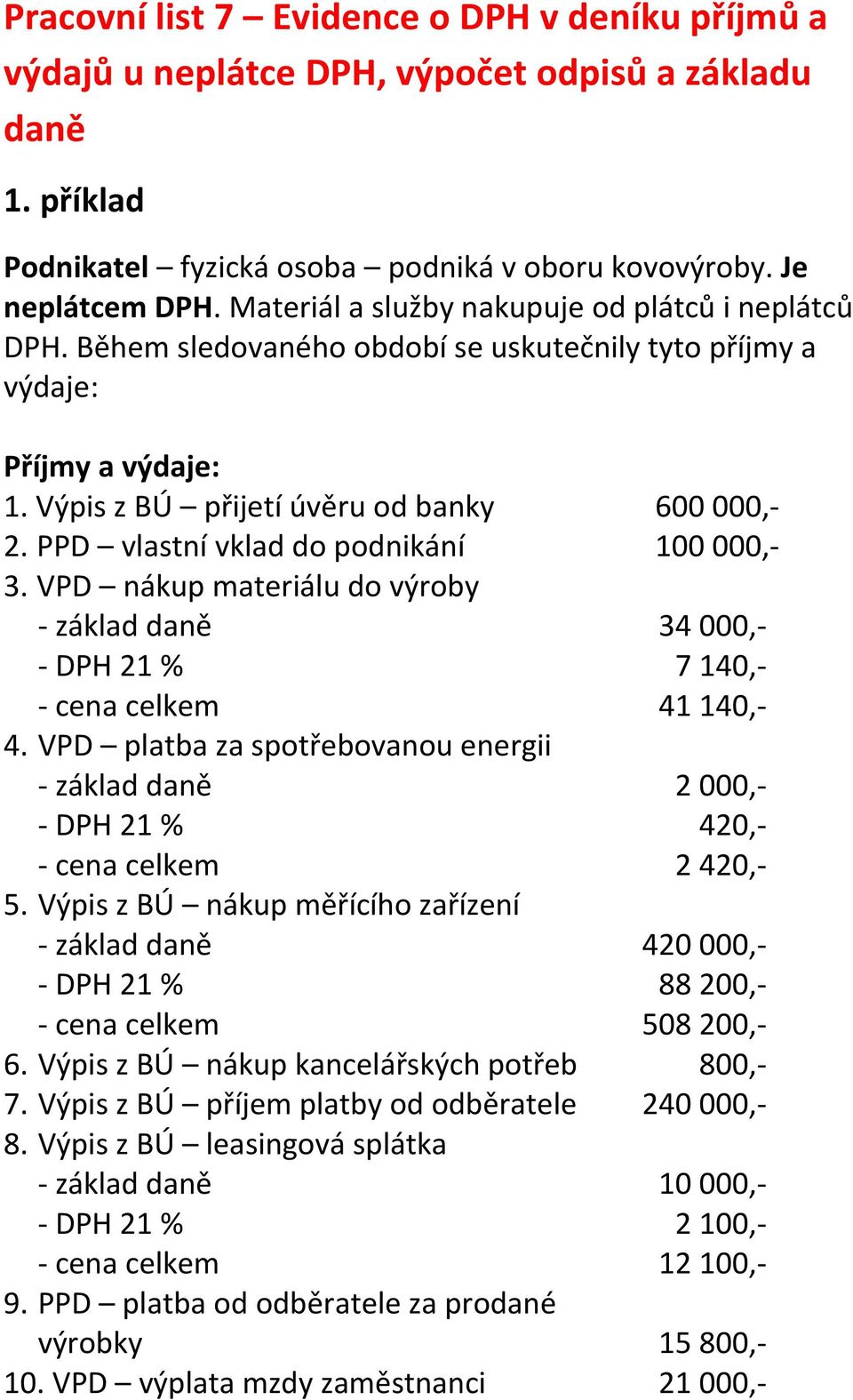 PPD vlastní vklad do podnikání 100 000,- 3. VPD nákup materiálu do výroby - základ daně 34 000,- - DPH 21 % 7 140,- - cena celkem 41 140,- 4.