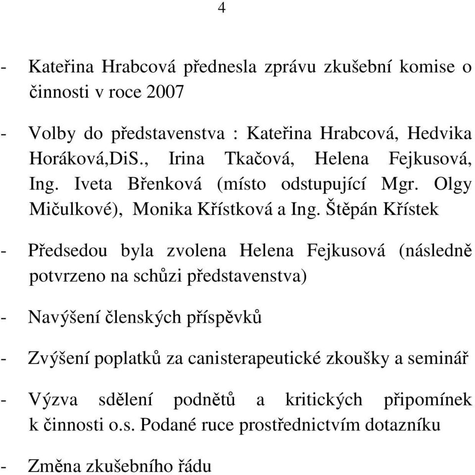 Štěpán Křístek - Předsedou byla zvolena Helena Fejkusová (následně potvrzeno na schůzi představenstva) - Navýšení členských příspěvků - Zvýšení