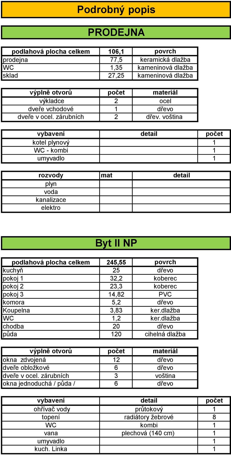 voština vybavení kotel plynový WC - kombi umyvadlo detail počet rozvody plyn voda kanalizace elektro mat detail Byt II NP podlahová plocha celkem 245,55 kuchyň 25 pokoj 32,2 pokoj 2 23,3 pokoj 3