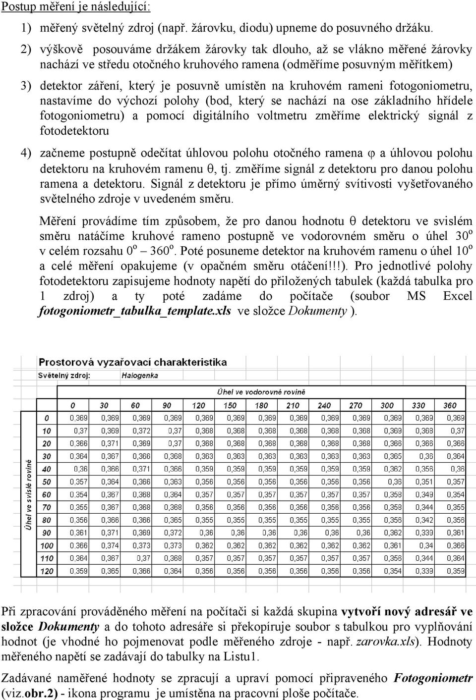 kruhovém rameni fotogoniometru, nastavíme do výchozí polohy (bod, který se nachází na ose základního hřídele fotogoniometru) a pomocí digitálního voltmetru změříme elektrický signál z fotodetektoru