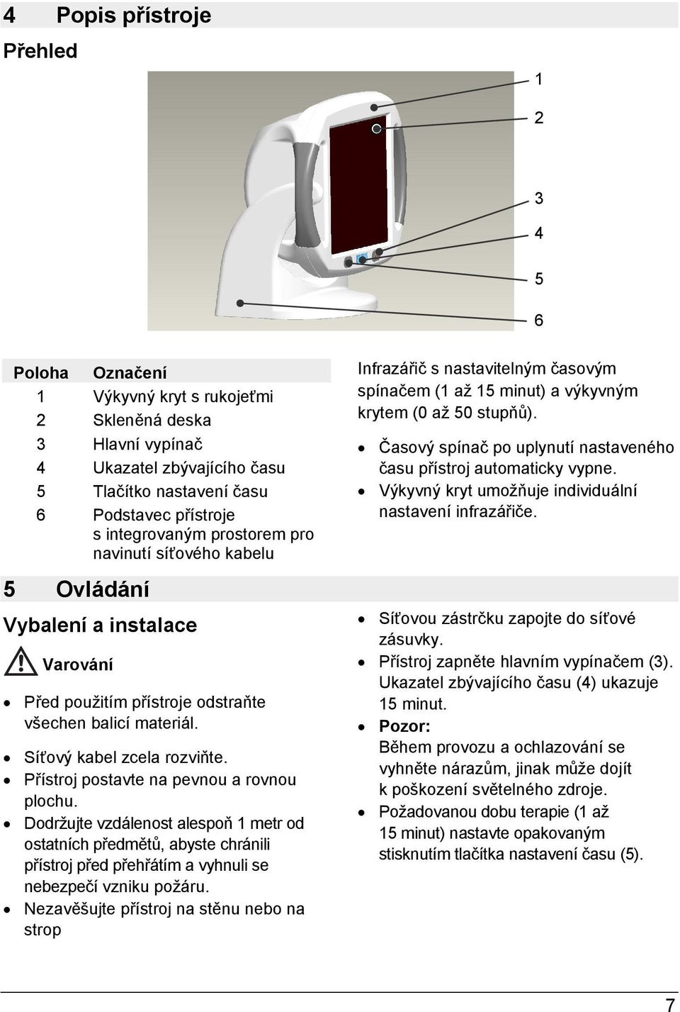 Přístroj postavte na pevnou a rovnou plochu. Dodržujte vzdálenost alespoň 1 metr od ostatních předmětů, abyste chránili přístroj před přehřátím a vyhnuli se nebezpečí vzniku požáru.