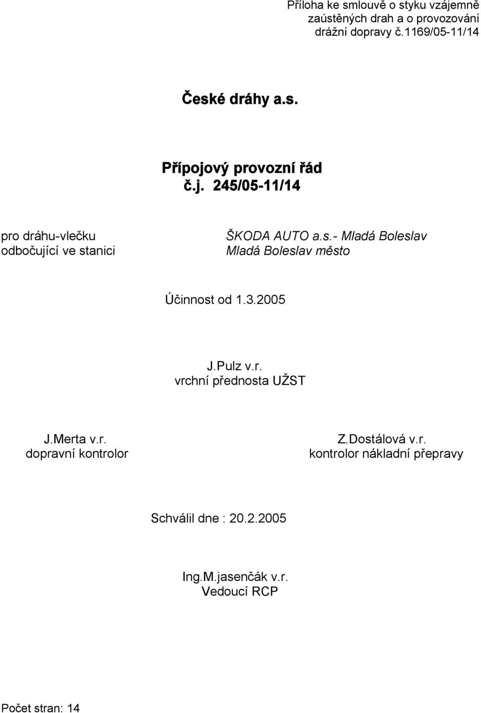 3.2005 J.Pulz v.r. vrchní přednosta UŽST J.Merta v.r. Z.Dostálová v.r. dopravní kontrolor kontrolor nákladní přepravy Schválil dne : 20.