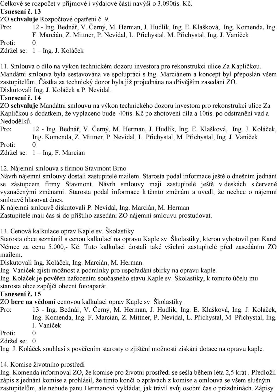 Smlouva o dílo na výkon technickém dozoru investora pro rekonstrukci ulice Za Kapličkou. Mandátní smlouva byla sestavována ve spolupráci s Ing. Marciánem a koncept byl přeposlán všem zastupitelům.