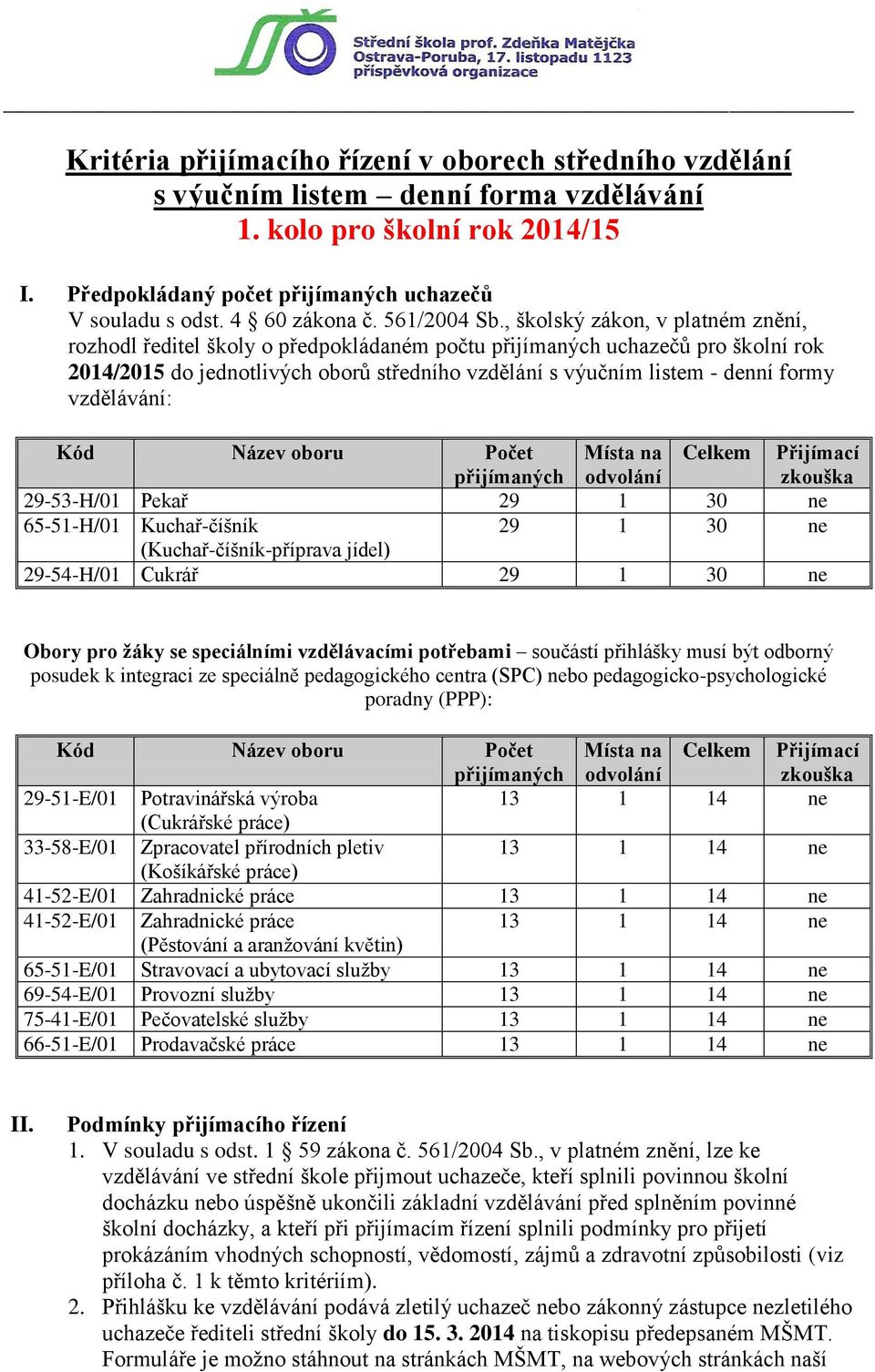 , školský zákon, v platném znění, rozhodl ředitel školy o předpokládaném počtu přijímaných uchazečů pro školní rok 2014/2015 do jednotlivých oborů středního vzdělání s výučním listem - denní formy