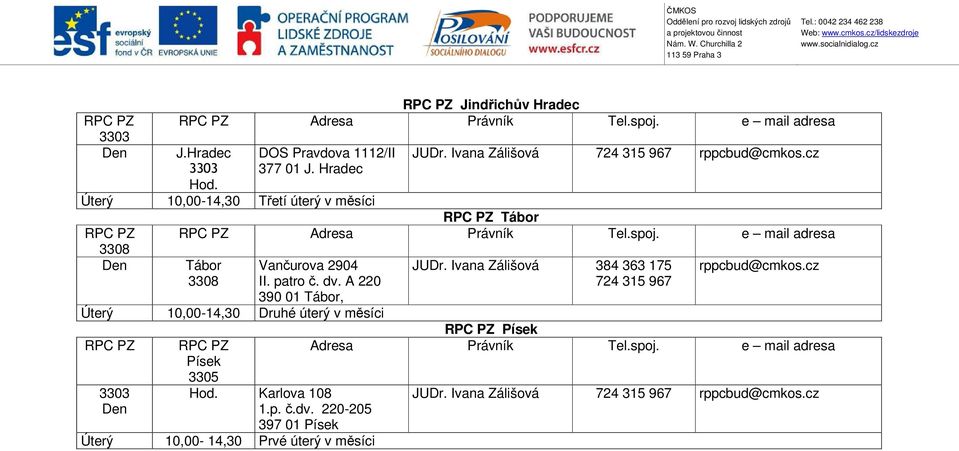 Ivana Zálišová 384 363 175 724 315 967 rppcbud@cmkos.cz 390 01 Tábor, Úterý 10,00-14,30 Druhé úterý v měsíci RPC PZ Písek RPC PZ RPC PZ Adresa Právník Tel.