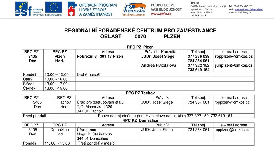 cz 733 619 154 Pondělí 10,00 15,00 Druhé pondělí Úterý 10,00-16,00 Středa 13,00-17,00 Čtvrtek 13,00-15,00 RPC PZ Tachov 3405 Tachov Úřad pro zastupování státu JUDr.