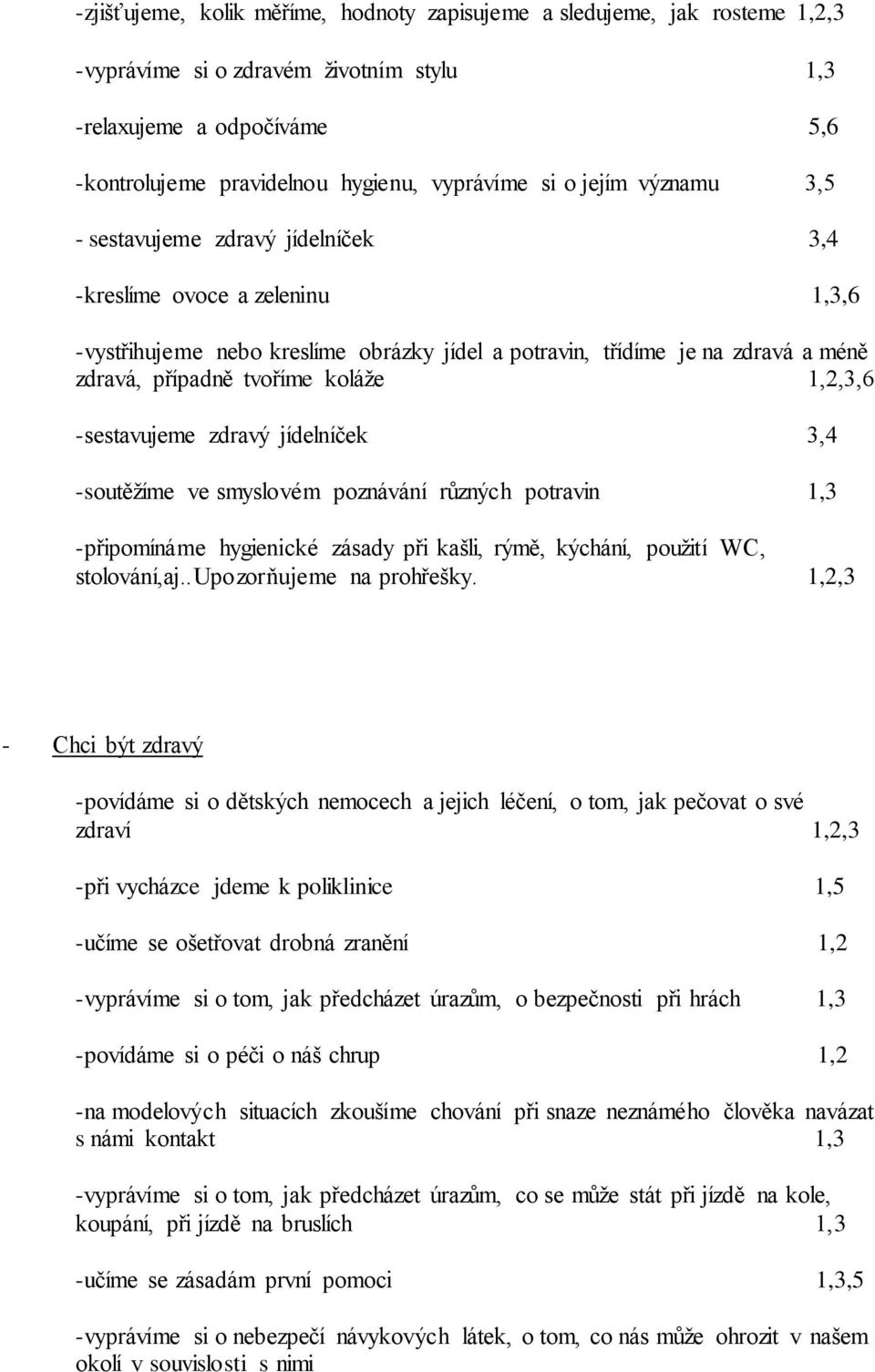 koláže 1,2,3,6 -sestavujeme zdravý jídelníček 3,4 -soutěžíme ve smyslovém poznávání různých potravin 1,3 -připomínáme hygienické zásady při kašli, rýmě, kýchání, použití WC, stolování,aj.